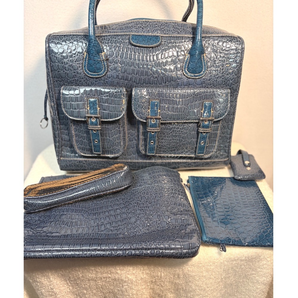 Rolling Laptop Bag Women Large Blue Excellent Faux Croc Embossed Travel Set